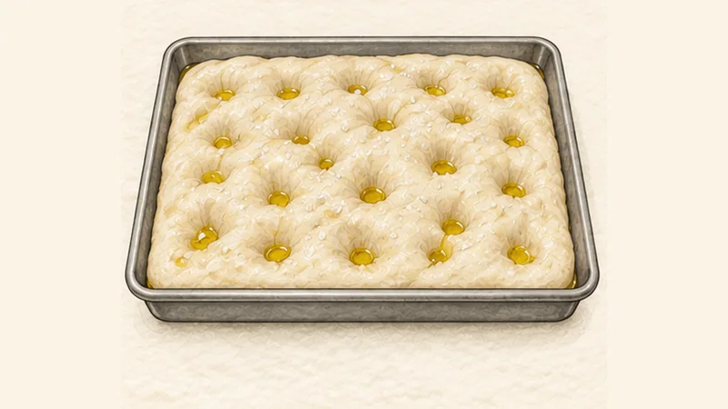 Focaccia Genovese, step 4: Dimple and brine.