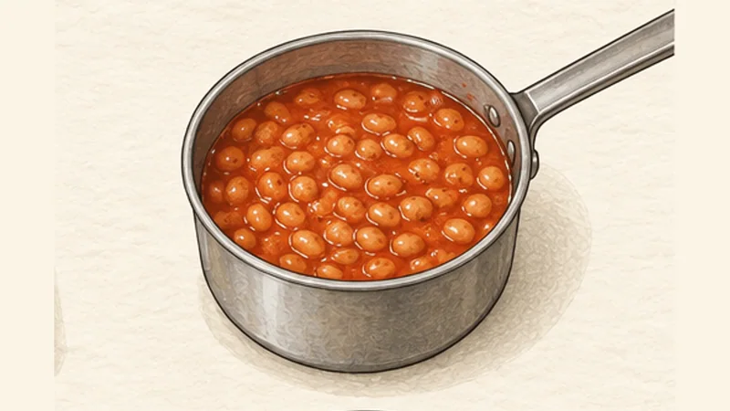 Full English Breakfast, step 2: Warm the beans gently.