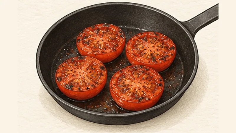 Full English Breakfast, step 3: Cook the tomatoes.