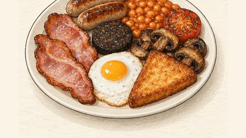 Full English Breakfast, step 9: Assemble four hot plates.