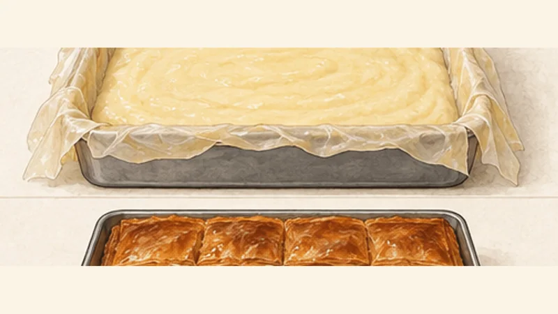 Galaktoboureko, step 10: Add the cooled custard.
