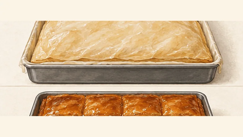 Galaktoboureko, step 11: Fold the edges and build the top crust.
