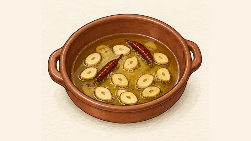 Gambas al Ajillo, step 2: Infuse the garlic and chilli oil.