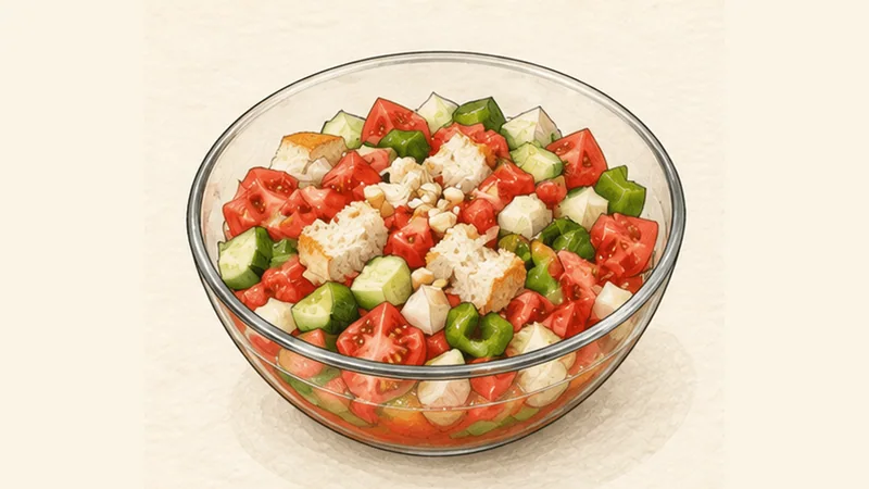 Gazpacho Andaluz, step 1: Soften the bread and vegetables.