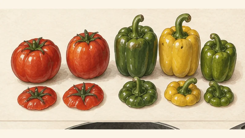 Gemista, step 1: Cut lids from the vegetables.