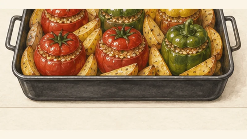 Gemista, step 8: Add potatoes around the vegetables.