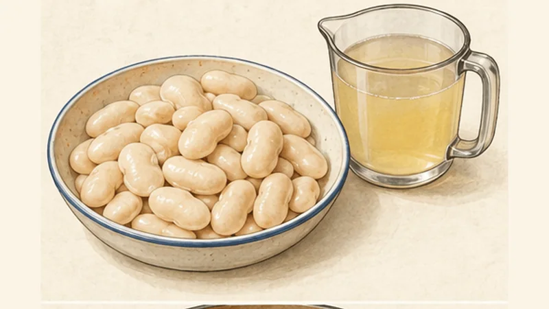 Gigantes Plaki, step 3: Reserve cooking liquid and drain.