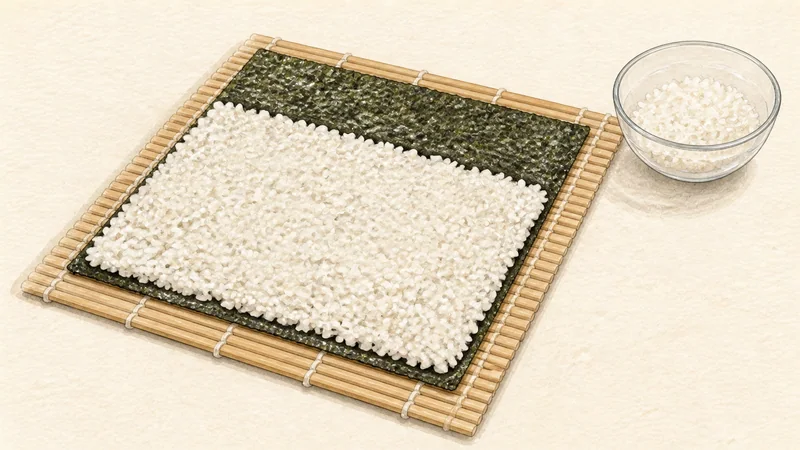 Classic assorted gimbap, step 9: Spread rice on the gim.