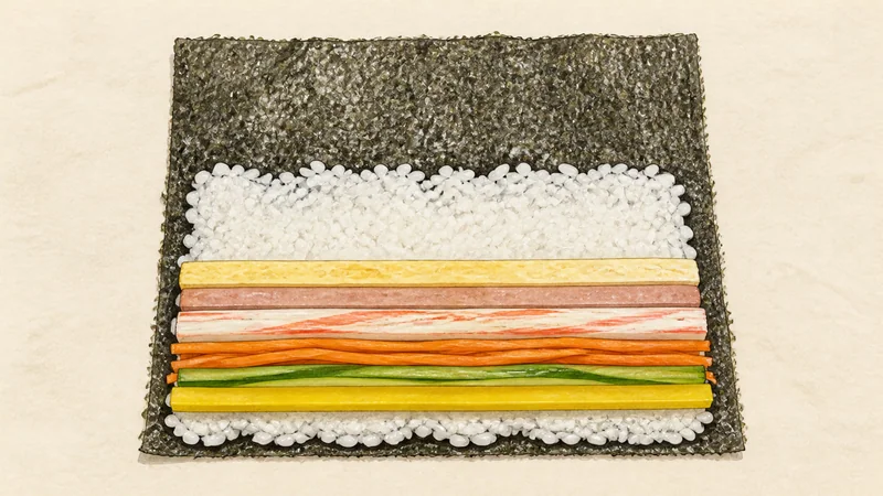 Classic assorted gimbap, step 10: Align six fillings.