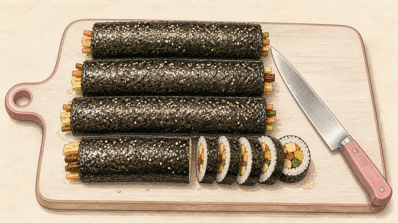 Classic assorted gimbap, step 12: Oil, rest, and slice.
