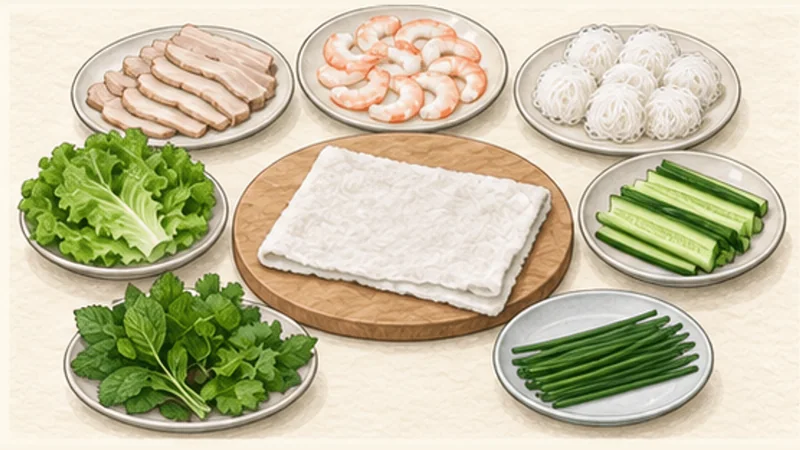 Fresh Shrimp and Pork Rolls (Gỏi Cuốn), step 5: Set out a dry rolling station.