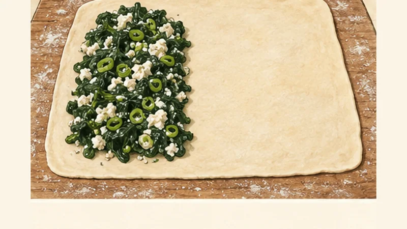 Spinach and Feta Gözleme, step 5: Roll, fill and seal.