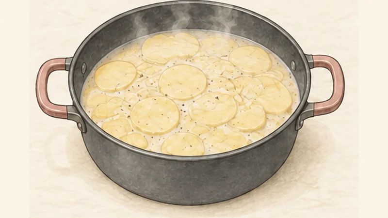 Gratin Dauphinois, step 4: Pre-cook the slices gently.