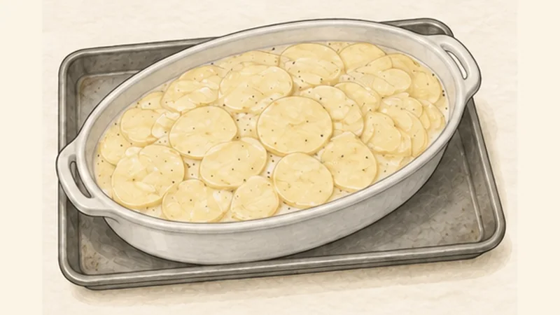 Gratin Dauphinois, step 5: Arrange the hot layers.