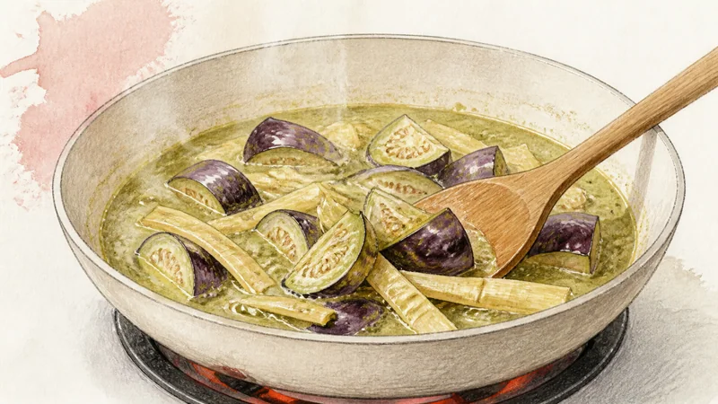 Thai Green Chicken Curry, step 6: Set eggplant and bamboo.