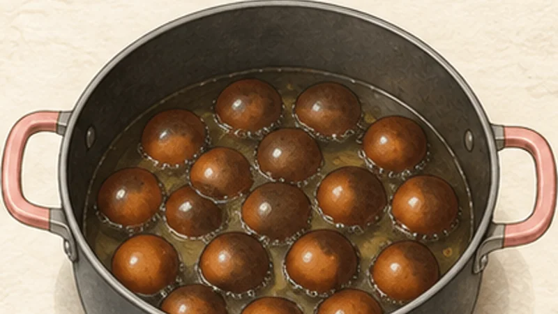 Gulab Jamun, step 5: Fry slowly from low heat.