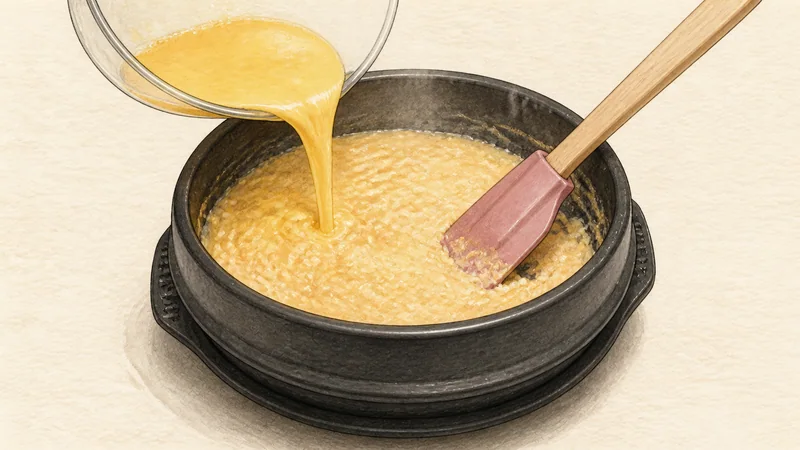 Ttukbaegi gyeran-jjim, step 3: Pour and scrape soft curds.