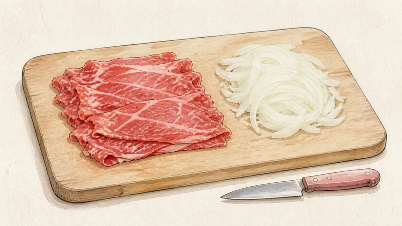 Gyudon (beef rice bowl), step 1: Prepare the rice, beef, and onion.