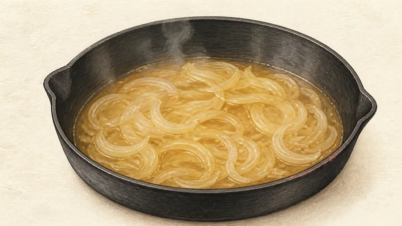 Gyudon (beef rice bowl), step 3: Soften the onion.