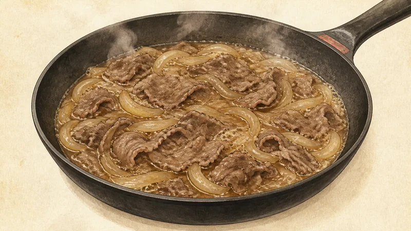 Gyudon (beef rice bowl), step 4: Simmer the beef.