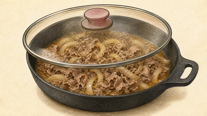Gyudon (beef rice bowl), step 5: Settle the broth.