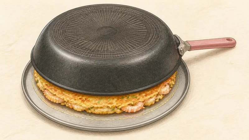 Seafood scallion pancake, step 6: Turn without folding.