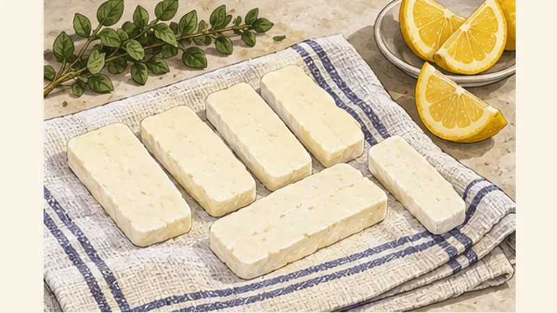 Crispy Halloumi Saganaki with Lemon, step 1: Dry and slice the cheese.