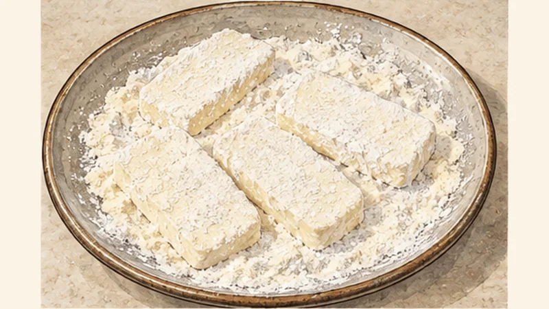 Crispy Halloumi Saganaki with Lemon, step 2: Dust lightly with flour.