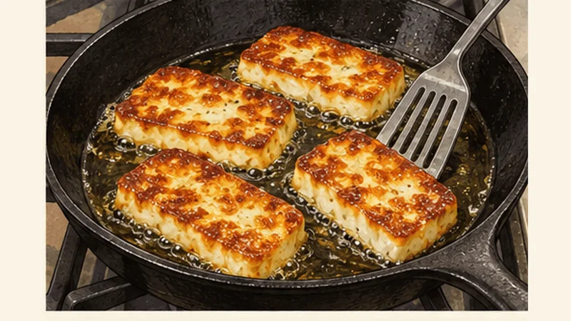 Crispy Halloumi Saganaki with Lemon, step 4: Fry until deeply golden.
