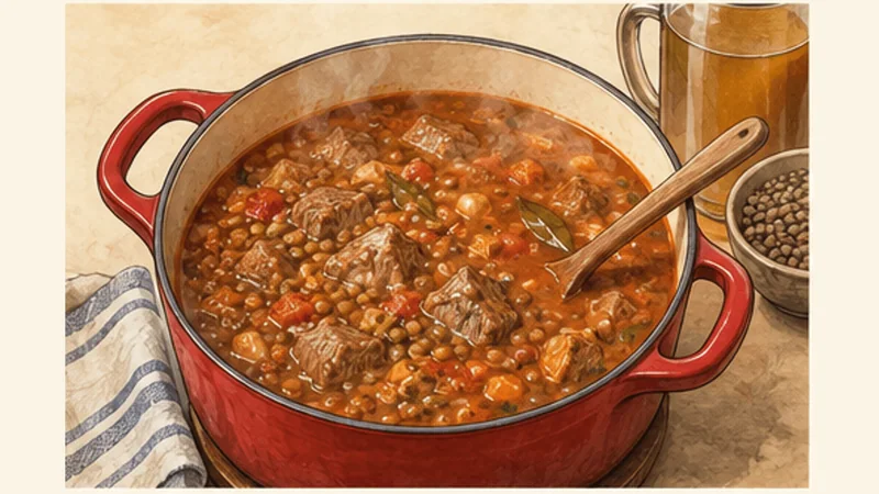 Moroccan Harira with Lamb and Lentils, step 3: Simmer lamb and lentils.