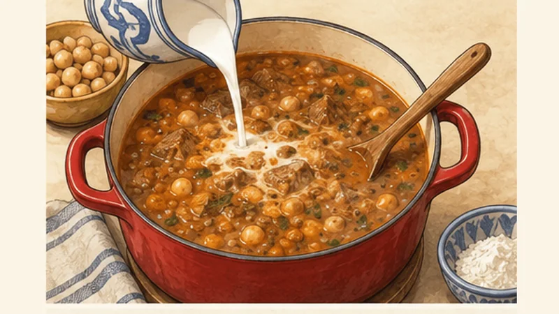 Moroccan Harira with Lamb and Lentils, step 4: Add chickpeas and thicken.