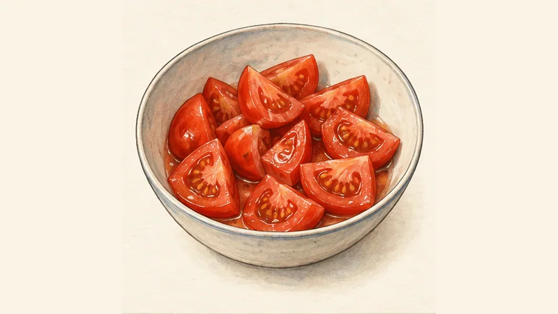 Horiatiki, step 1: Cut the tomatoes into wedges.