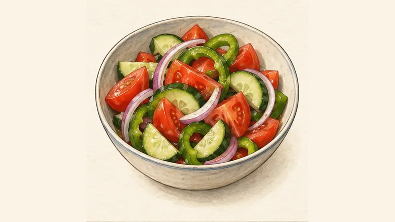 Horiatiki, step 2: Prepare cucumber, pepper and onion.