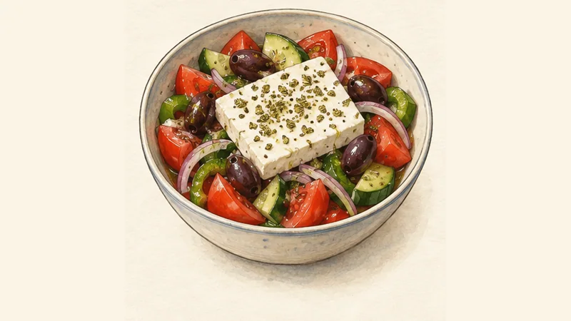 Horiatiki, step 4: Add feta, olives and oregano.