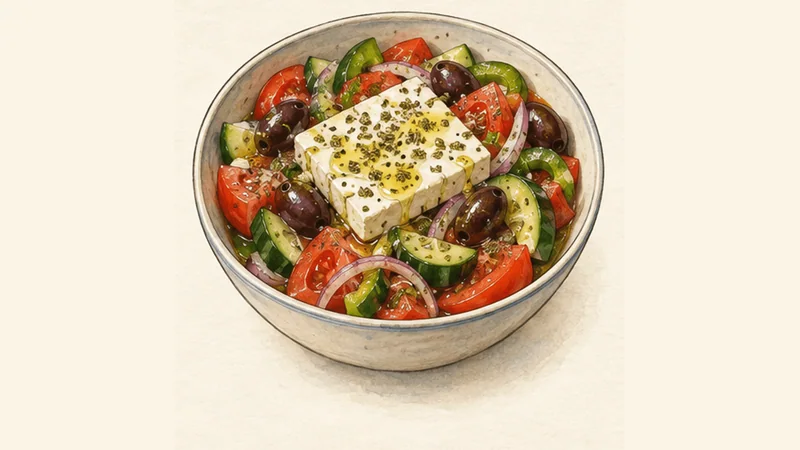 Horiatiki, step 5: Pour over olive oil and serve.