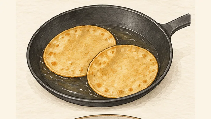 Huevos Rancheros, step 4: Lightly fry the tortillas.