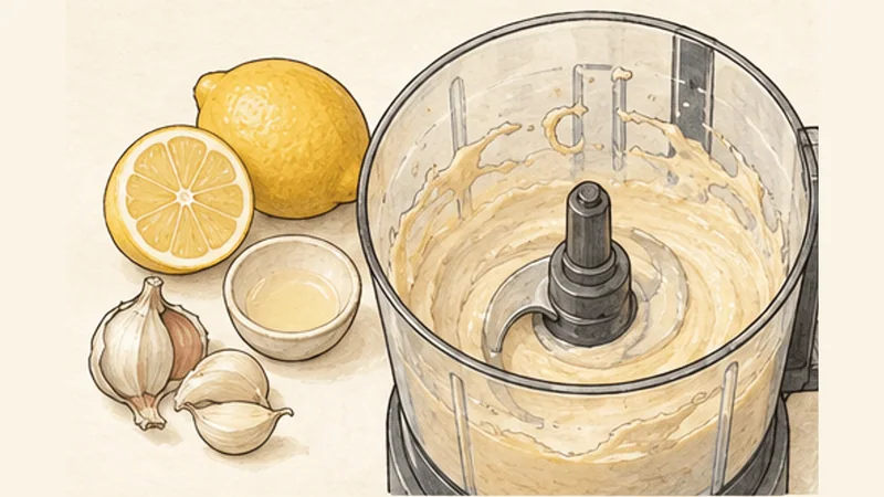 Creamy Hummus with Tahini, step 1: Whip tahini, lemon and garlic.