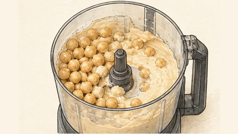 Creamy Hummus with Tahini, step 2: Blend in the first chickpeas.