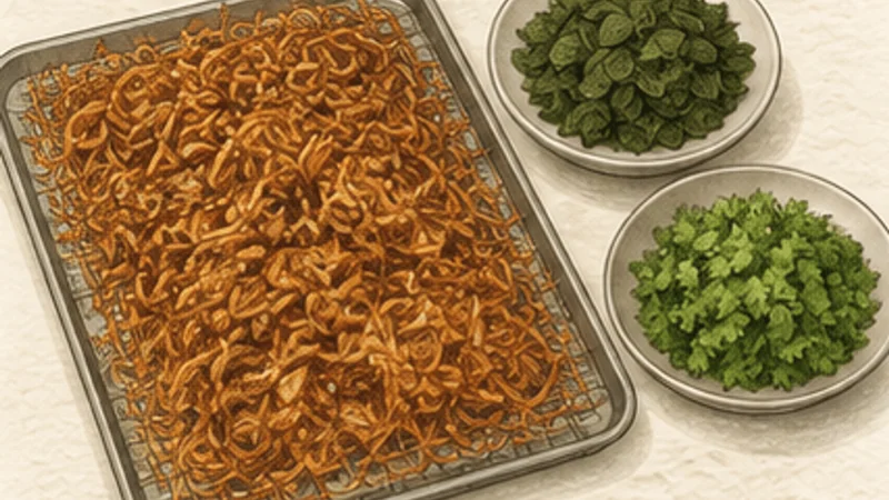 Hyderabadi Chicken Dum Biryani, step 2: Prepare fried onions and herbs.