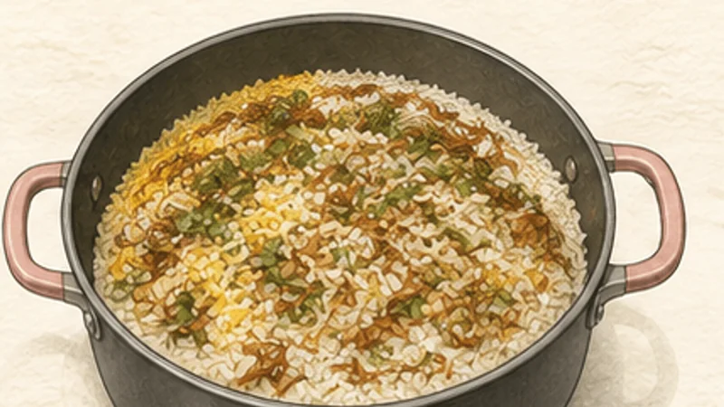 Hyderabadi Chicken Dum Biryani, step 6: Layer rice and aromatics.