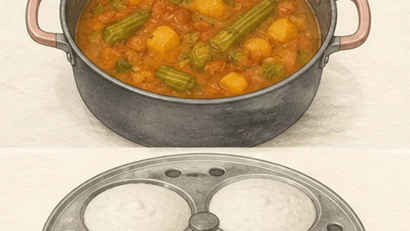 Idli Sambar, step 5: Cook vegetables and tamarind.