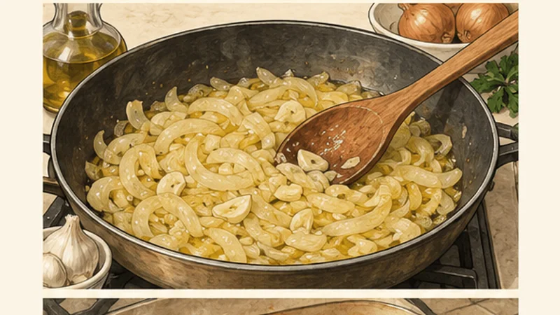Imam Bayildi — Turkish Olive-Oil Stuffed Eggplant, step 2: Cook the onion filling slowly.
