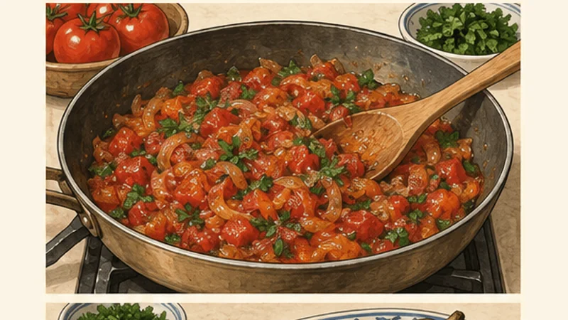 Imam Bayildi — Turkish Olive-Oil Stuffed Eggplant, step 3: Make the tomato-herb filling.