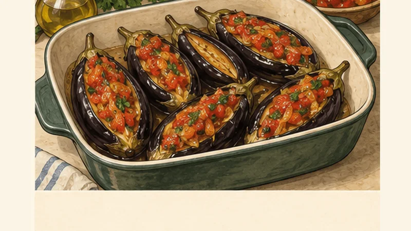 Imam Bayildi — Turkish Olive-Oil Stuffed Eggplant, step 4: Fill the eggplants.