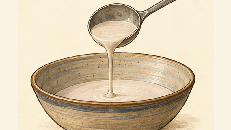 Ethiopian Teff Injera Flatbread, step 3: Drain, stir and thin the batter.