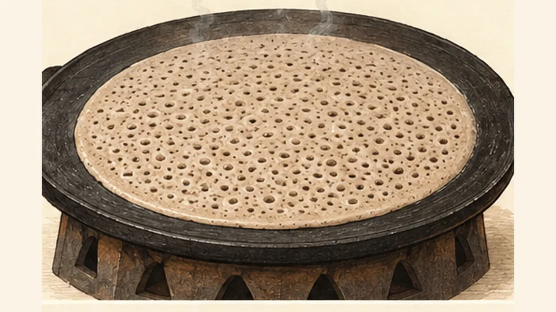 Ethiopian Teff Injera Flatbread, step 5: Pour one round and let the eyes form.