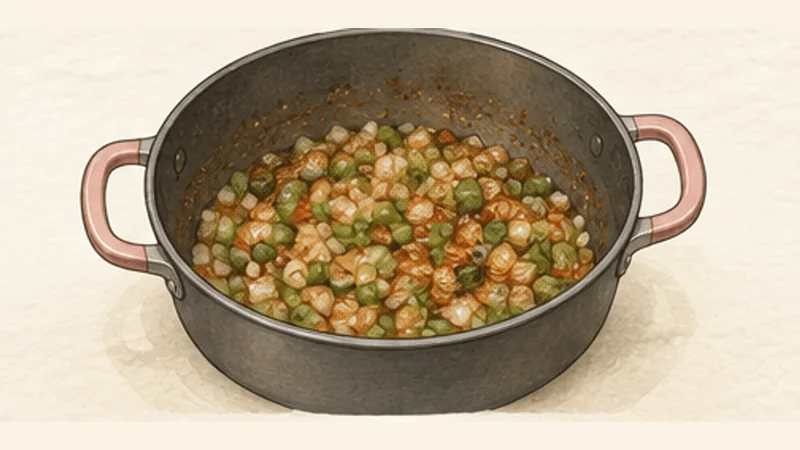 Jambalaya, step 3: Soften the aromatic vegetables.