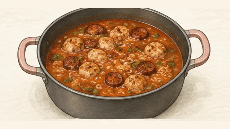 Jambalaya, step 6: Add stock, chicken and sausage.