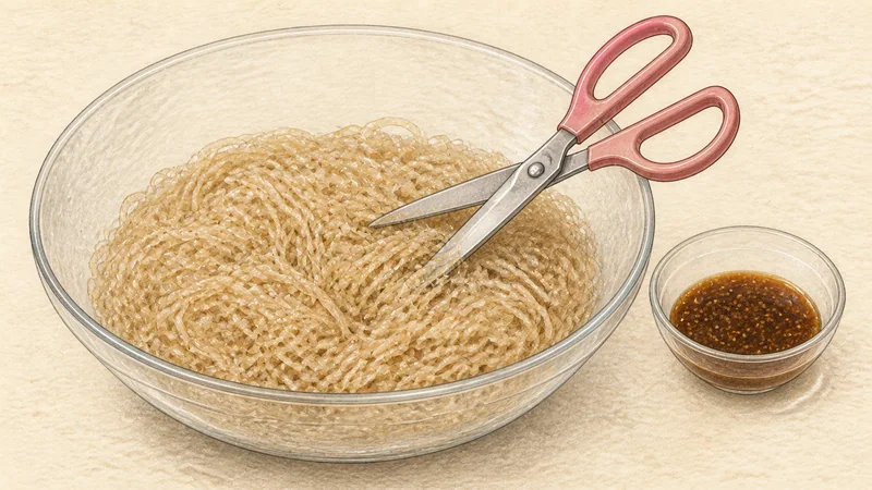 Vegetable japchae, step 5: Drain, cut, and season noodles.