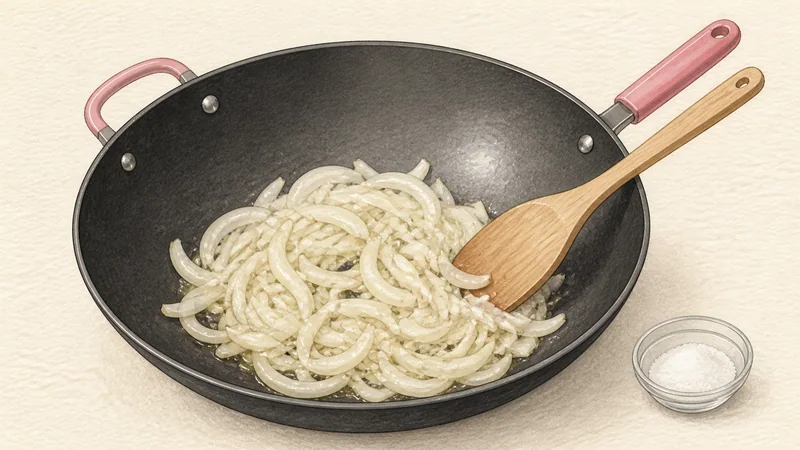 Vegetable japchae, step 6: Soften the onion.